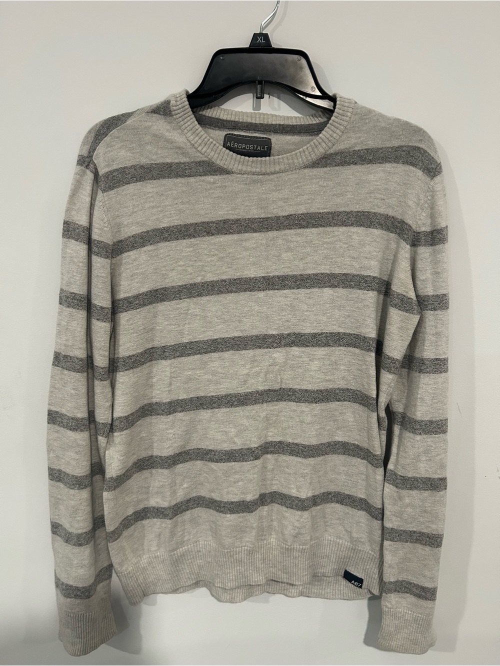 Aeropostale Men’s Light Gray and Dark Gray Striped Crewneck Sweater